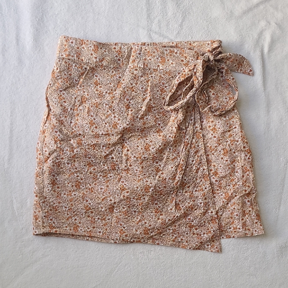 Wray skirt floral wrap mini Skirt Brown Med Cream Orange Unlined Summer Cotton